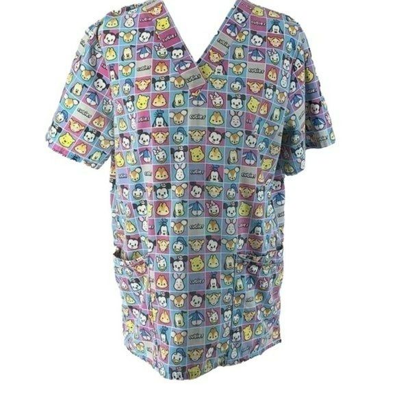 Disney Woman's Blue Cutie‎ Multi Characters Medical Scrub Top Size Medium - Picture 1 of 8